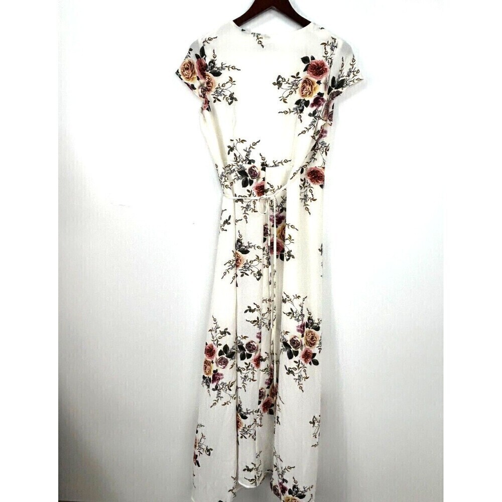 Showpo Womens Size 14 Cream Floral Wrap Coss Maxi Dress Cap Sleeves Flowy T4 - Picture 4 of 12